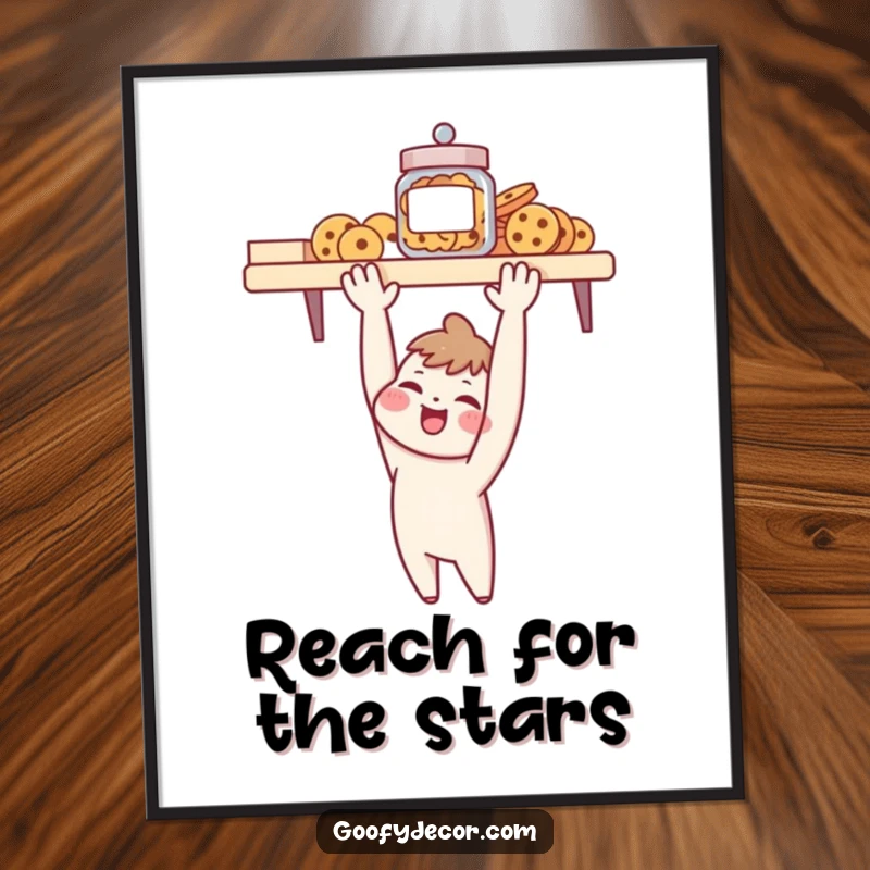 Funny poster artwork of a cheerful character stretching precariously for a cookie jar on a very high shelf, emphasizing humor.