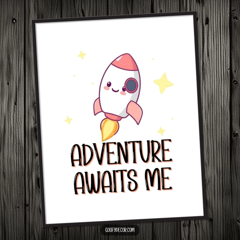 Funny poster showcasing a tiny, happy rocket character zooming energetically through a majestic, star-studded cosmic background.