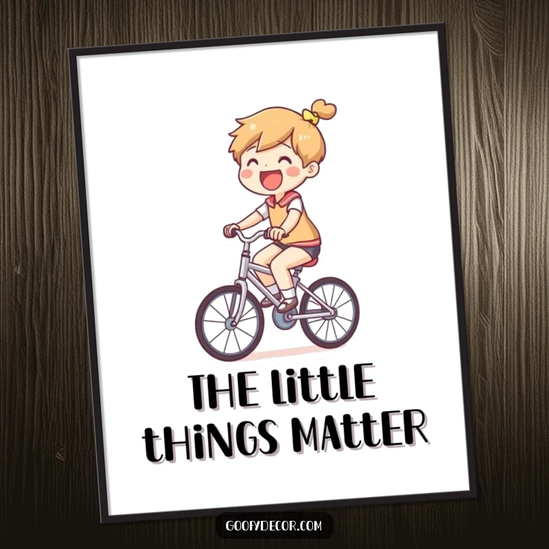 Funny Small Bicycle Poster depicting a joyful character comically riding a bicycle that is comically small, spreading cheer.