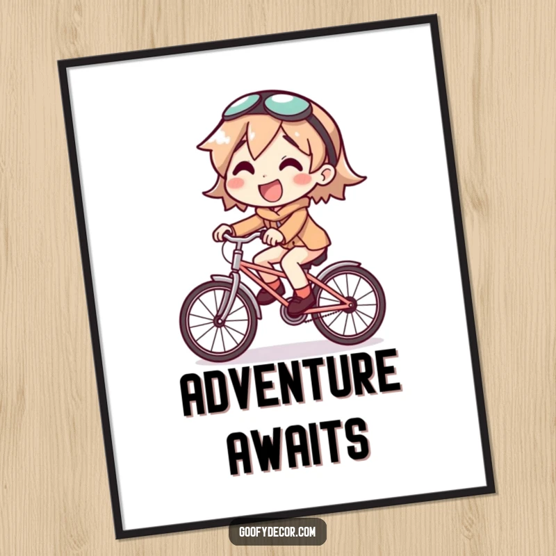 Funny poster showing a joyful character riding a comically small bicycle, a humorous and uplifting piece of art.