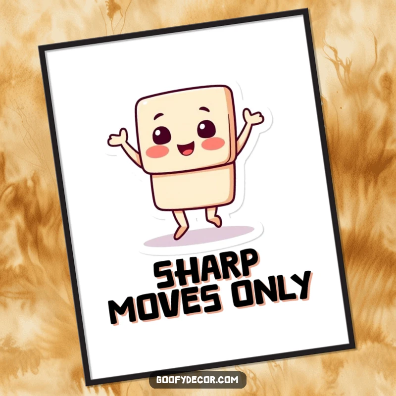 Funny poster featuring a square character joyfully doing a happy jig, radiating pure energy and infectious positive vibes on any wall.