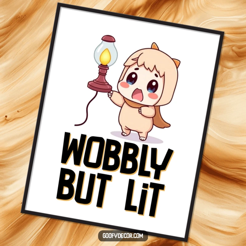 Funny surprised character poster, comically reacting to a wobbly, about-to-fall lamp, a humorous depiction of precariousness.