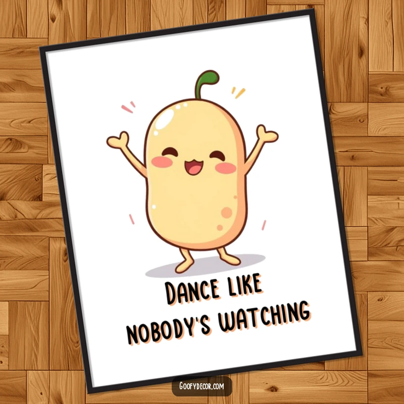 Funny poster featuring a wobbly character executing a wonderfully silly and energetic dance, capturing pure joy and comical movement.