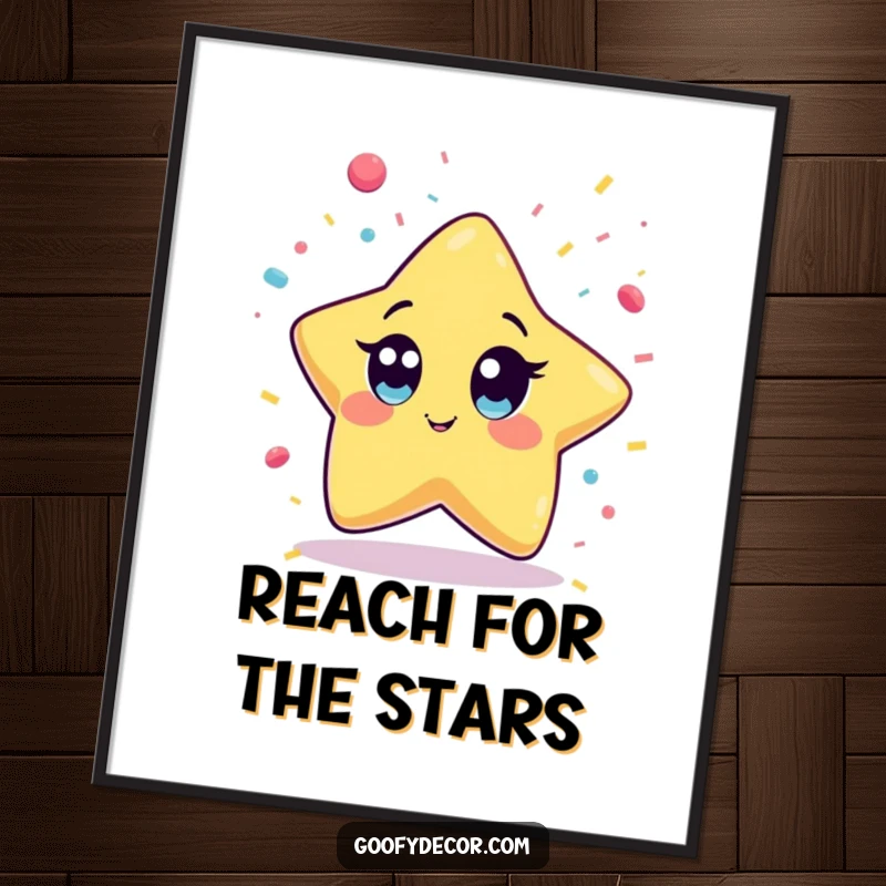 Funny Kawaii Star Poster print of a wide-eyed kawaii star character joyfully trying to catch falling confetti, creating a festive atmosphere.