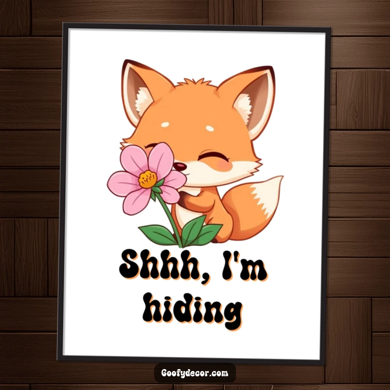 Funny winking fox peeking from behind a flower, depicted as a charming poster, ideal for wall decor, a funny gift.