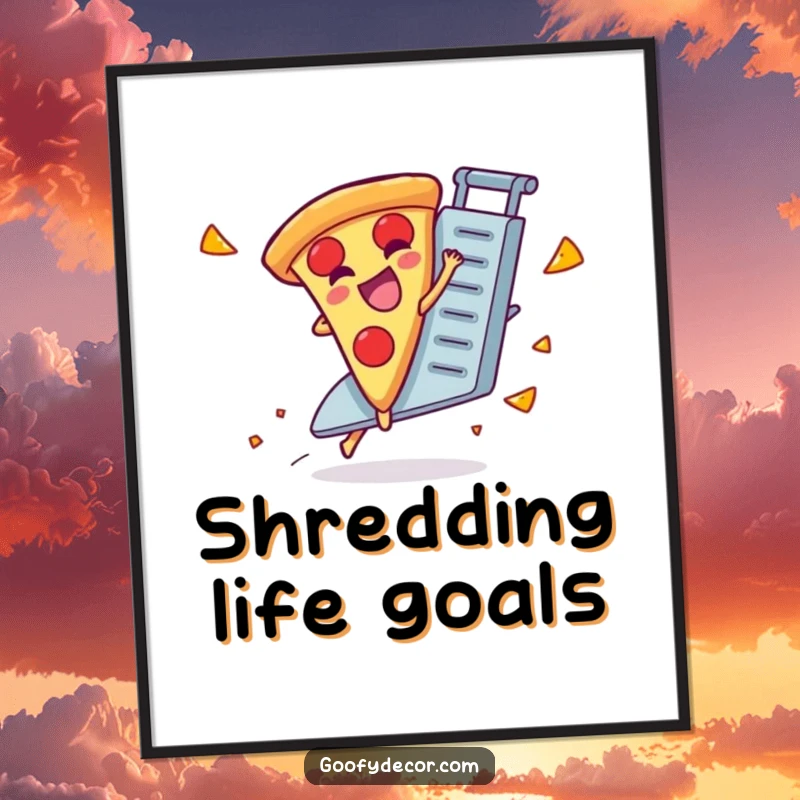 Funny poster print of a giggling pizza character attempting an adventurous ride on a cheese grater.