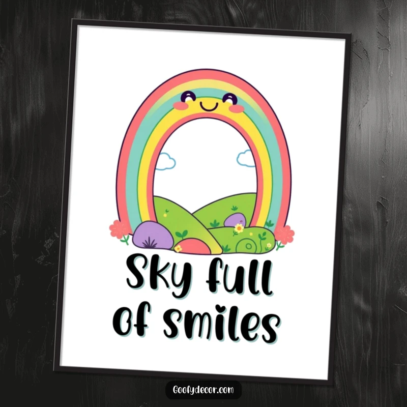 Funny playful rainbow poster showcasing a smiling rainbow arching over a happy landscape, perfect for adding vibrant, cheerful decor.