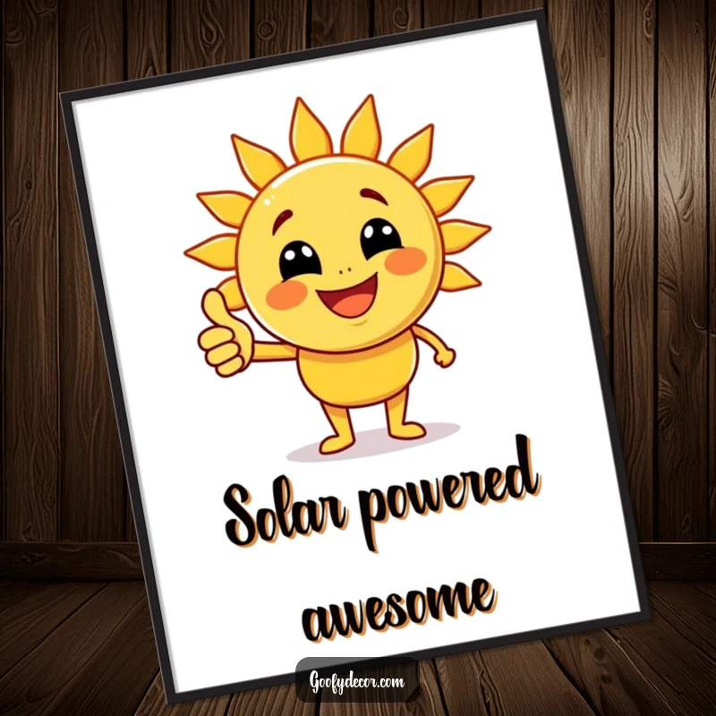 Funny joyful sun character with beaming rays giving a thumbs up on a poster, bringing warmth and cheerful vibes to wall decor.