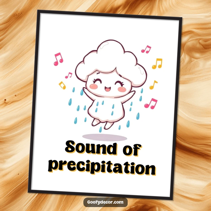 Funny dancing rain cloud poster showcasing a cheerful cloud character grooving with musical notes, perfect for adding a lively touch to any room.