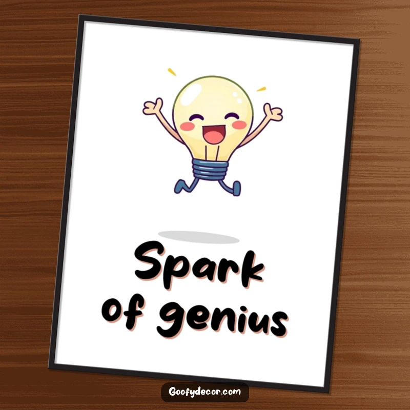 Funny kawaii lightbulb character radiating bright light while performing a joyous leap, framed as a poster.