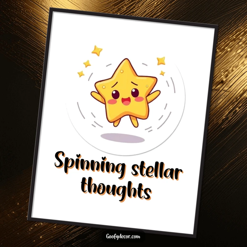 Funny poster depicting a startled star character spinning energetically in a dizzying dance, adding a whimsical touch.