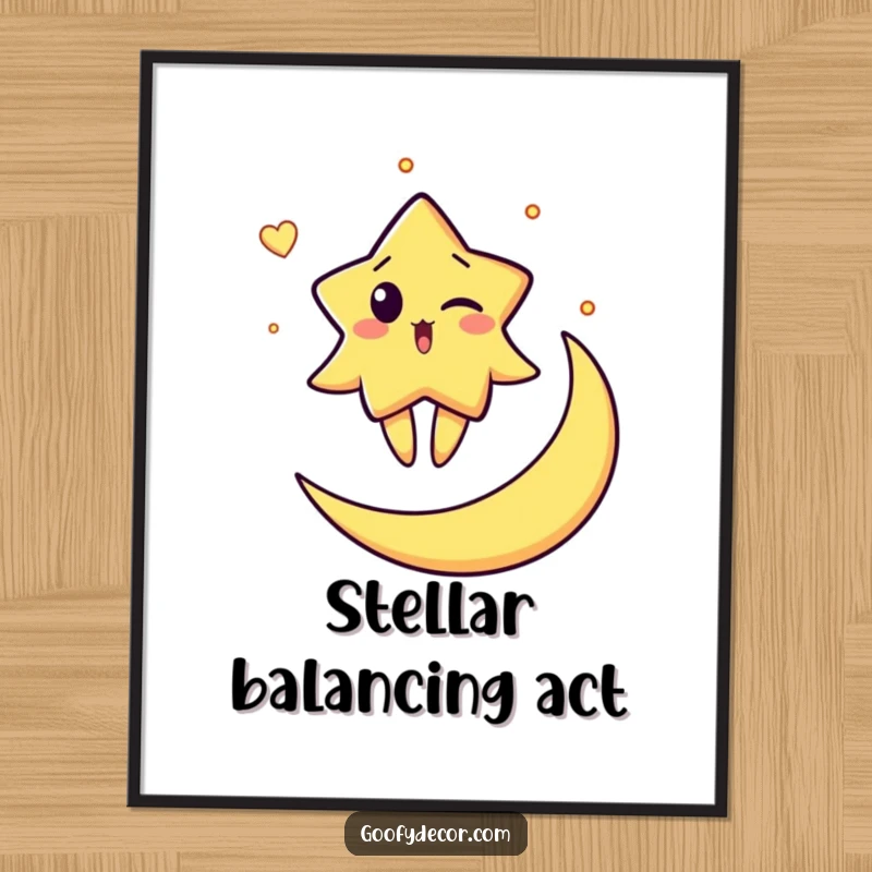 Funny poster depicting a surprised star character winking while balancing on a crescent moon, a humorous and enchanting piece of celestial art.