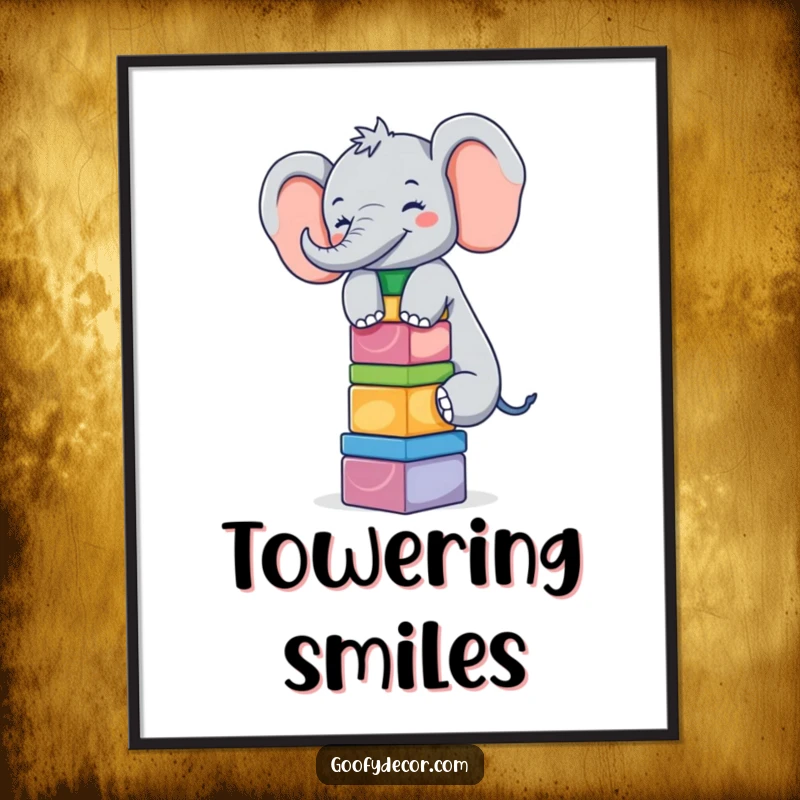 Funny giggling elephant balancing colorful blocks, creating a cheerful and humorous wall art piece.