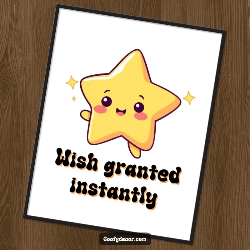 Funny poster art of a cheerful shooting star character making a wish with a radiant, sparkling trail across the sky.