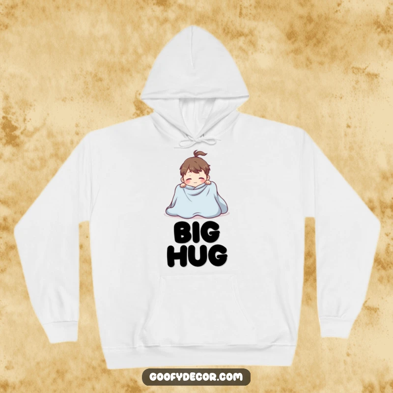 Funny hoodie featuring a playful character hilariously attempting to fold a giant blanket, a cozy and humorous apparel item.