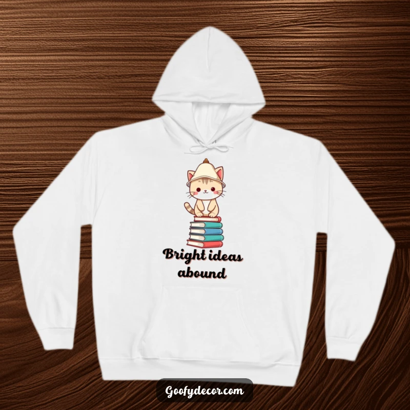 Funny Hoodie featuring a cute Kawaii cat wearing a lampshade hat, expertly balancing on a stack of books, exuding playful charm.