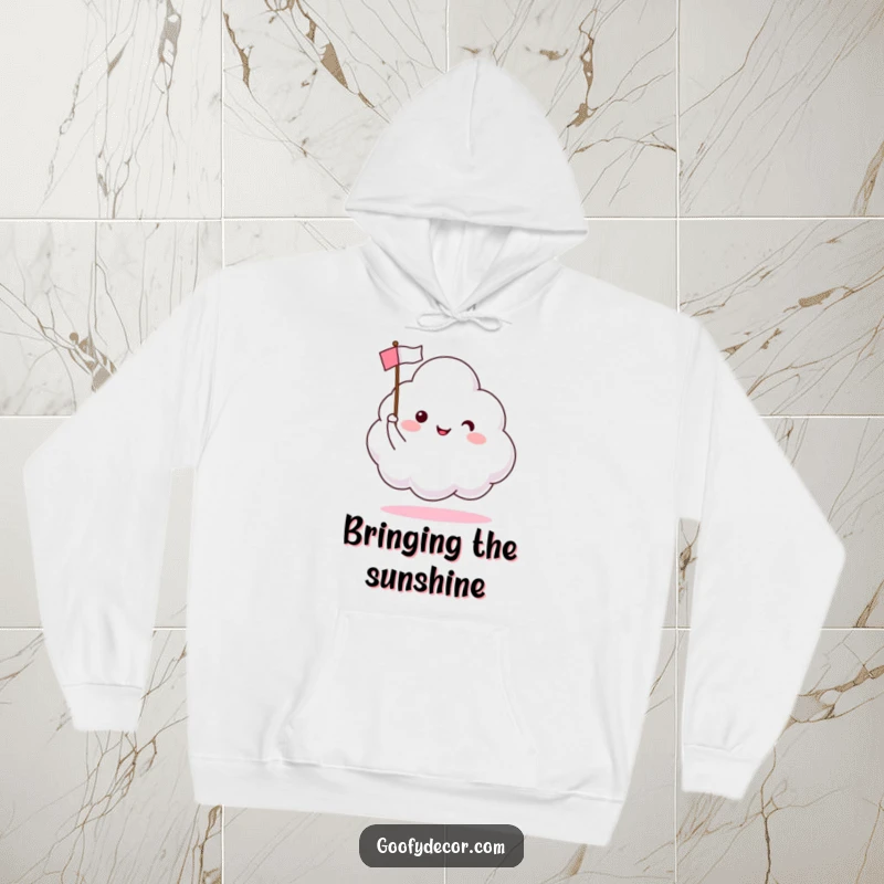 Funny hoodie featuring a smiling cloud character waving a small flag, offering comfort and cheerful vibes.