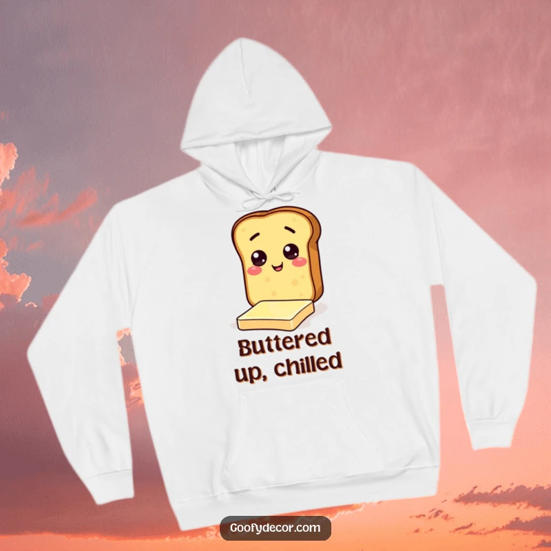 Funny hoodie depicting a cheerful toast character comically trying to balance on a butter pat, a humorous breakfast scene.