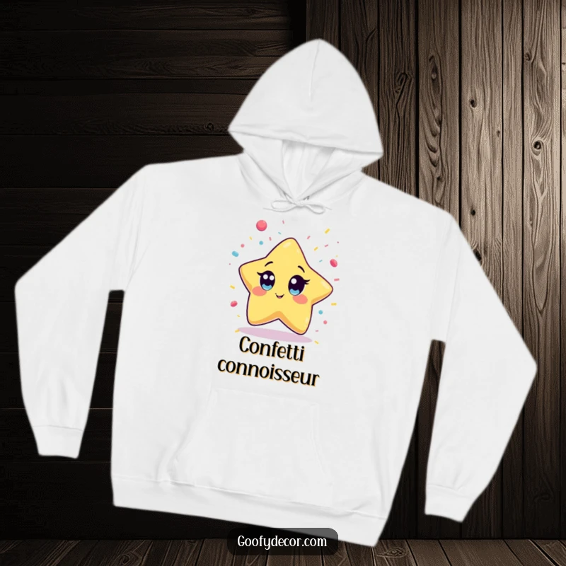 Funny Kawaii Star Hoodie featuring a wide-eyed kawaii star character enthusiastically trying to catch falling confetti, perfect for cozy celebrations.
