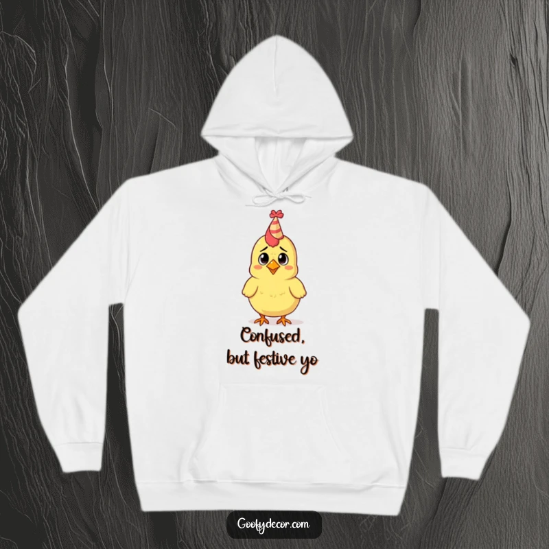 Funny hoodie depicting a confused rubber chicken wearing a tiny party hat, offering warmth and humor.