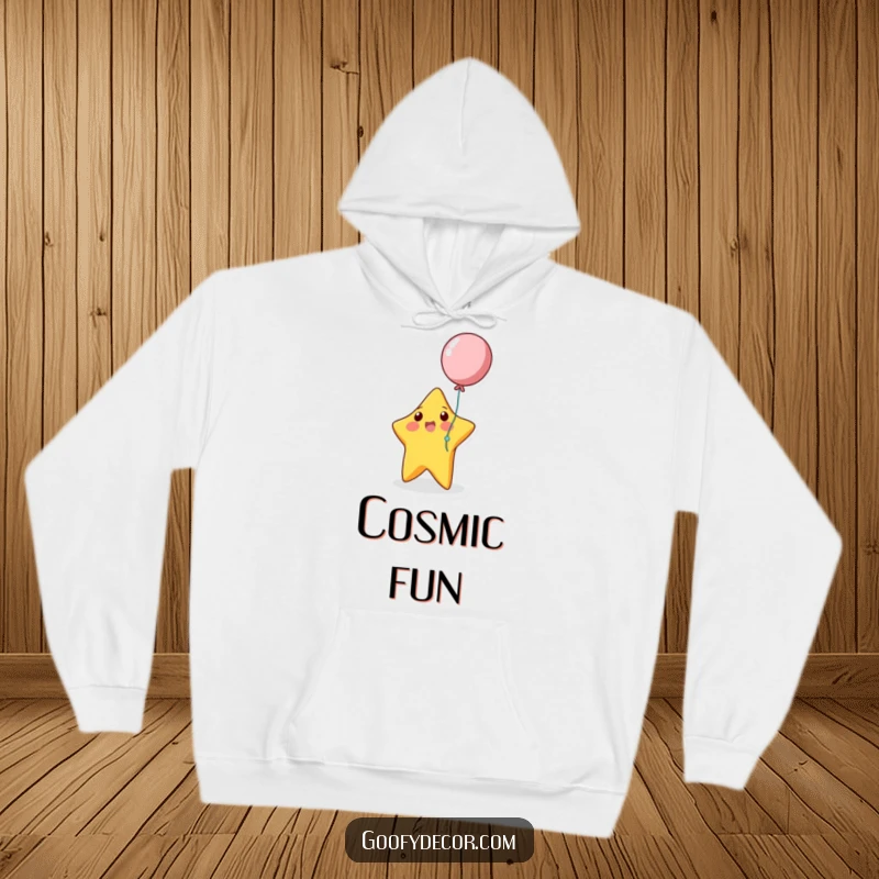 Funny bouncing star playing with a balloon on a comfortable and humorous hoodie.