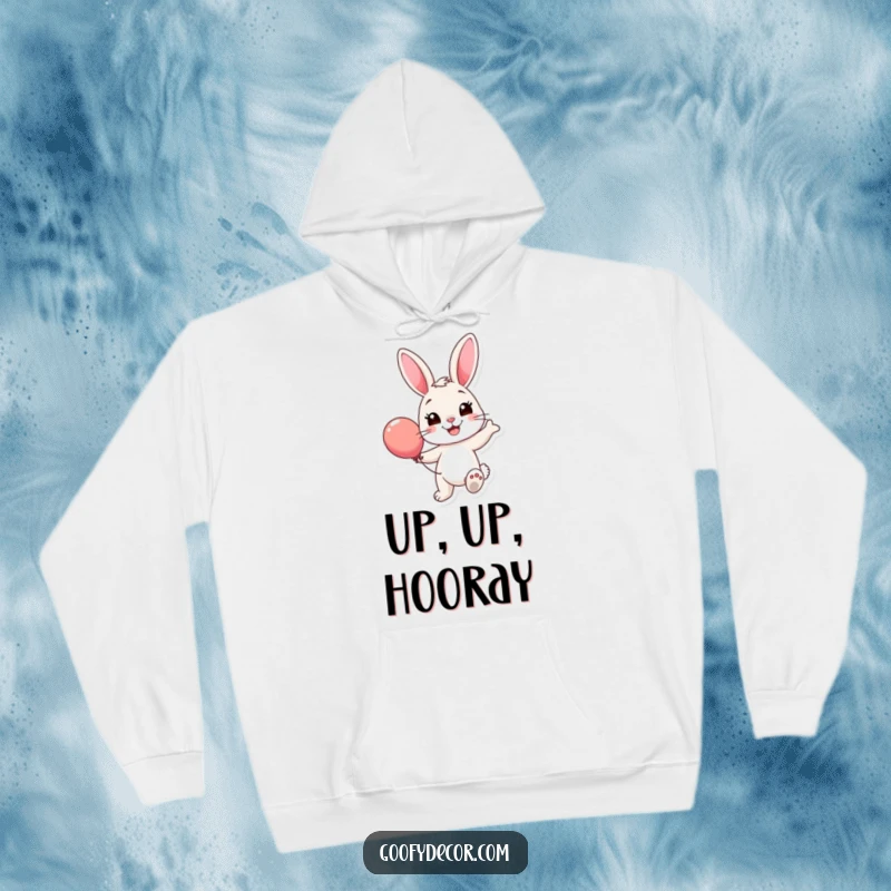 Funny Bunny Balloon Hoodie: A smiling bunny happily bounces a colorful balloon, perfect for staying warm and spreading cheer.