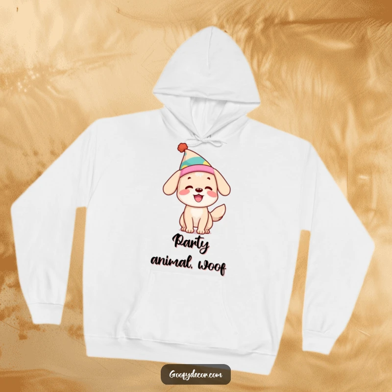 Funny Dog Hoodie: A happy dog with a wagging tail dons a silly hat, offering warmth and infectious, wag-tastic cheer.