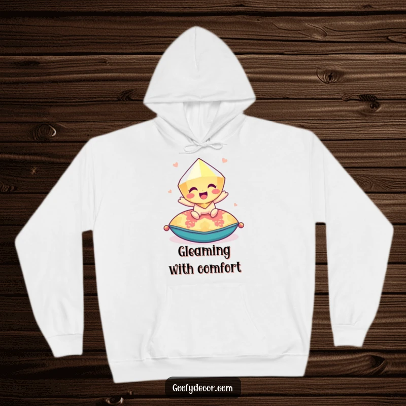 Funny giggling gem character bouncing playfully on a colorful cushion, featured on a cozy and cheerful hoodie.