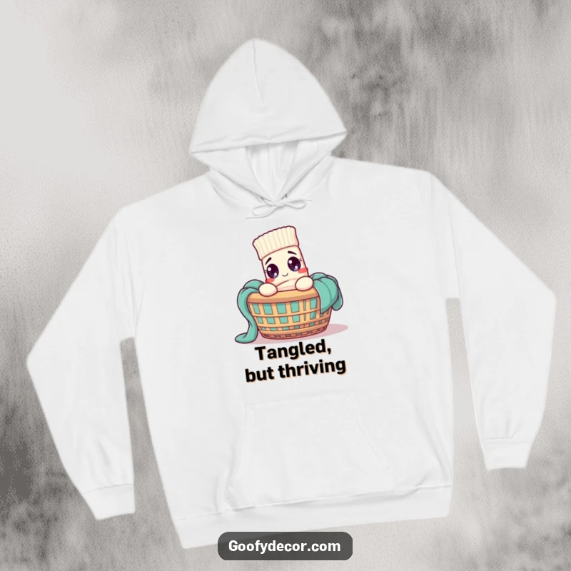 Funny sock character tangled in a laundry basket, looking surprised, printed on a soft hoodie.