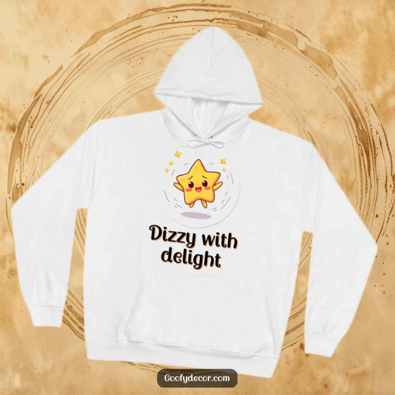 Funny hoodie showcasing a startled star character caught in a dizzying dance, radiating cosmic energy and warmth.
