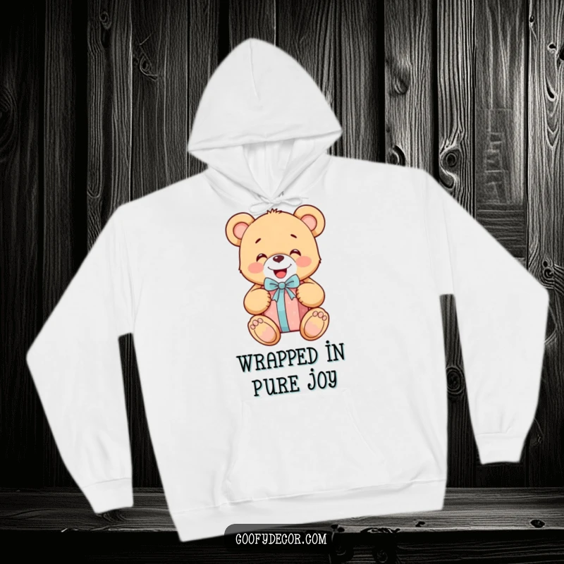 Funny cheerful teddy bear wearing a hoodie, happily unwrapping a gift, bringing warmth and joy to cold days.