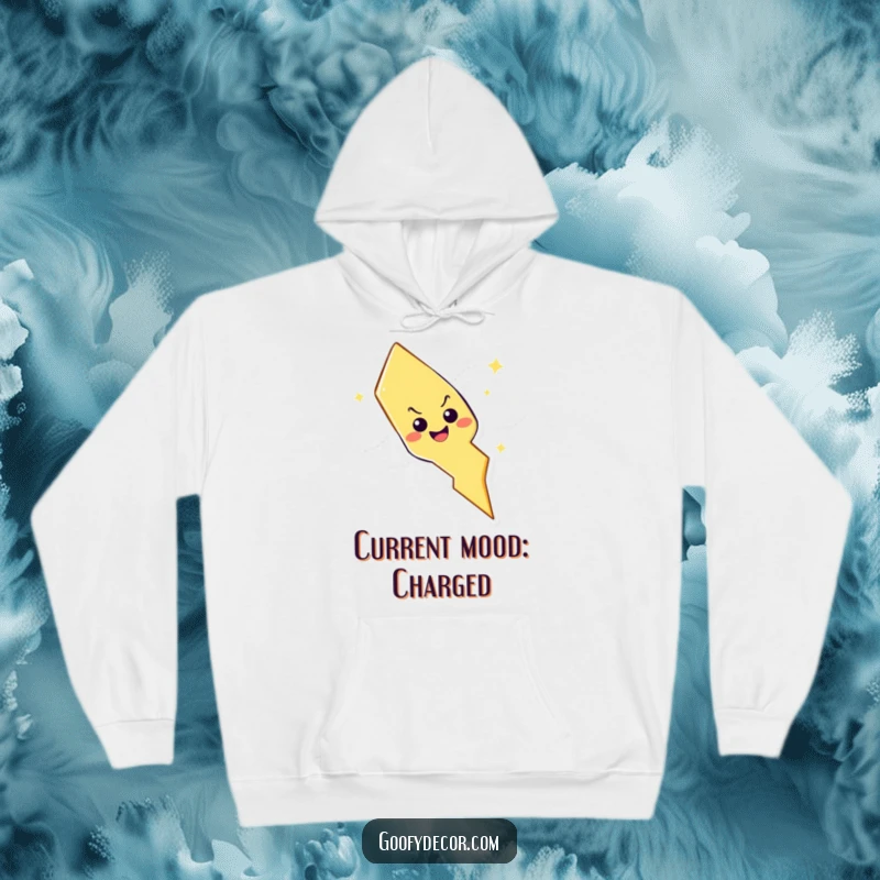 Funny lightning bolt character with mischievous grin zig-zagging design on a cozy hoodie, perfect for staying warm and stylish.