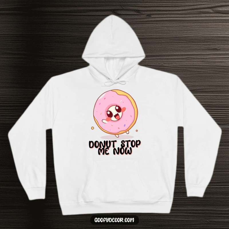 Funny Kawaii Donut Hoodie: Soft and warm sweatshirt featuring a cute cartoon donut with oversized eyes joyfully attempting a somersault, perfect for cozy vibes.