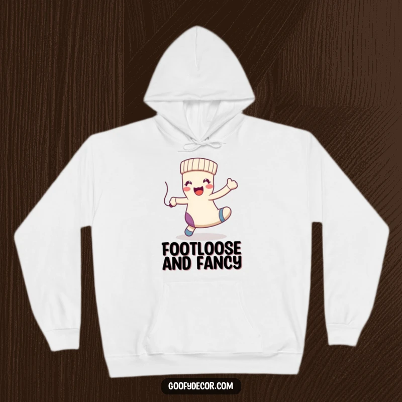 Funny kawaii happy sock character dancing playfully with a dangling string, on a warm hoodie.