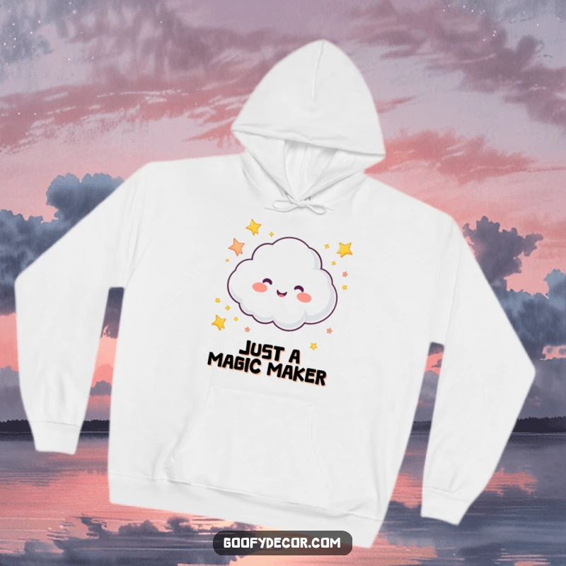 Funny hoodie with a bubbly cloud character gleefully sprinkling colorful stars, creating a magical and joyful atmosphere.