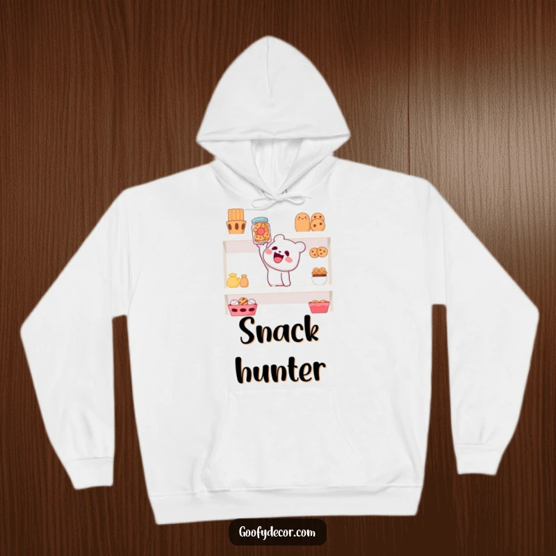 Funny hoodie featuring a cheerful character reaching for a cookie jar on a high shelf, a warm and humorous apparel item.