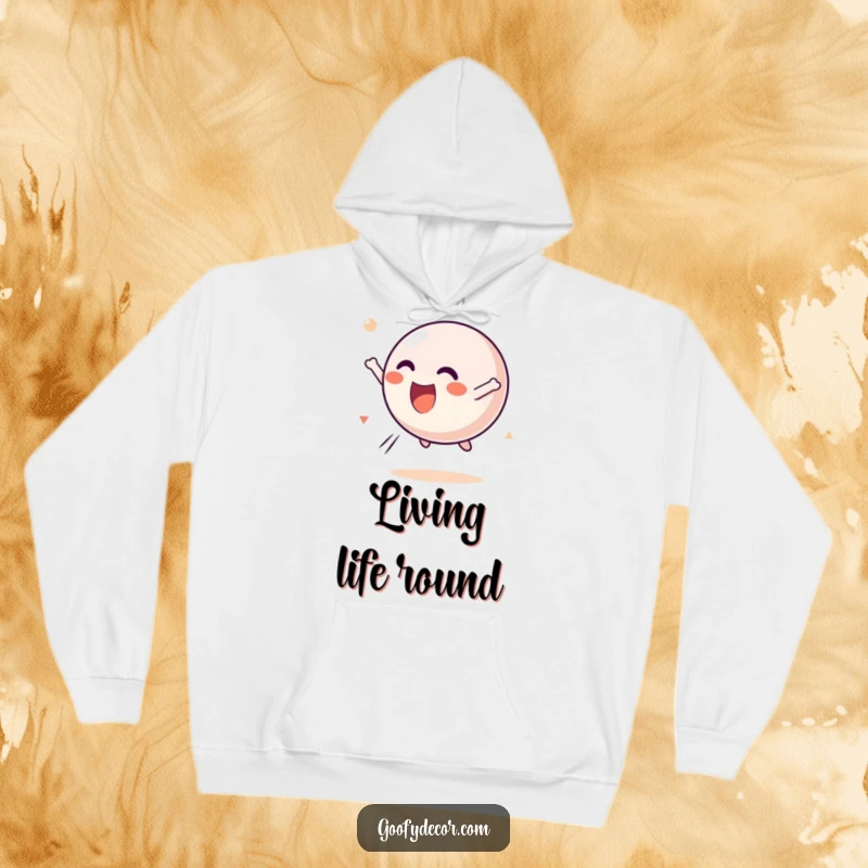 Funny Kawaii Bouncing Ball Hoodie featuring a happy kawaii ball character tumbling through the air with delight, designed for cozy fun.