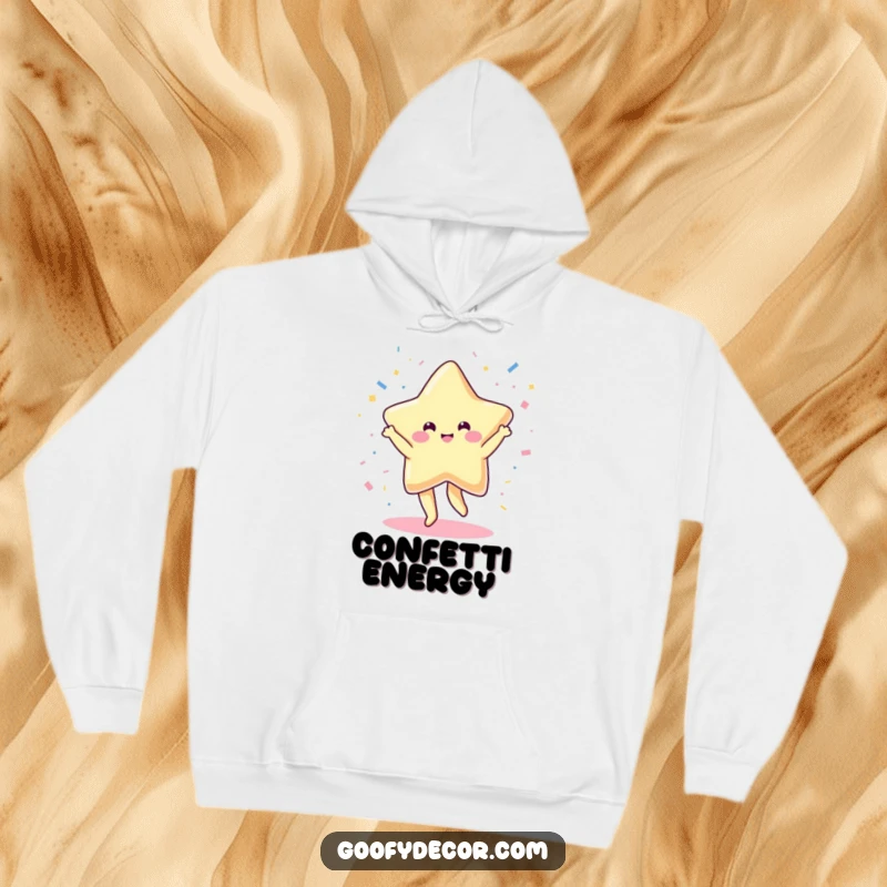 Funny, warm hoodie featuring a cheerful kawaii star dancing joyfully, scattering confetti, perfect for festive and cozy moments.