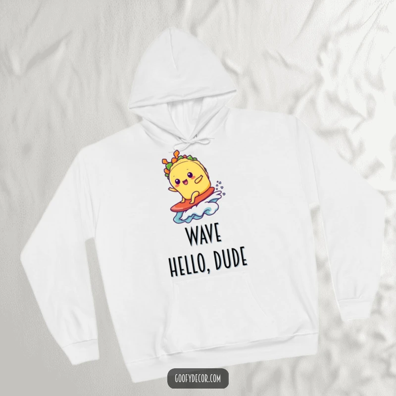 Funny kawaii taco character confidently surfing a small wave, depicted on a comfortable and stylish hoodie.