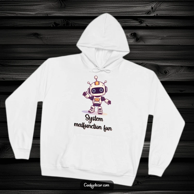 Funny hoodie featuring a happy robot character performing a silly spinning dance, radiating infectious energy and humor.
