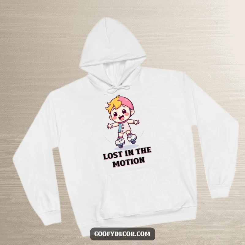 Funny hoodie featuring a happy roller skate character spinning, providing cozy comfort and a theme of energetic fun.