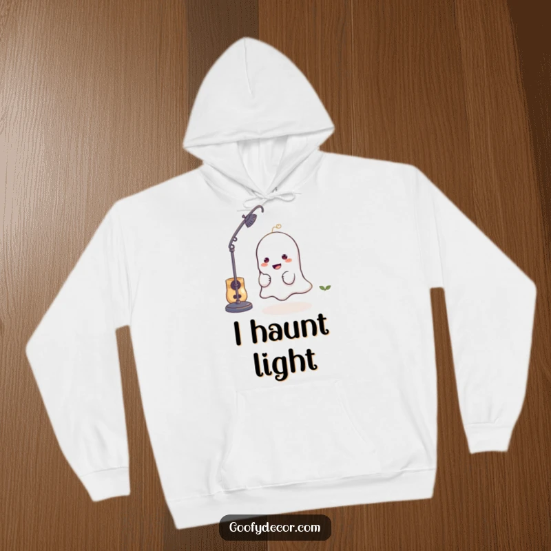Funny hoodie featuring a mischievous little ghost character playfully hiding behind a lamp, perfect for cozy and spooky vibes.