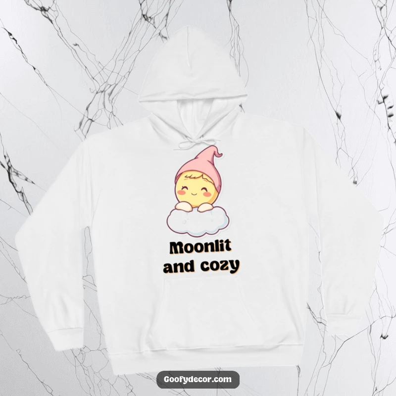 Funny hoodie depicting a happy moon character in a sleep cap, peeking playfully from behind a fluffy cloud.