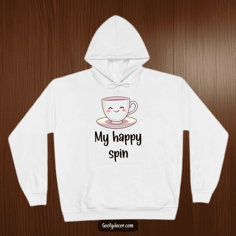 Funny Kawaii Teacup Hoodie featuring a smiling kawaii teacup character happily spinning on its saucer, designed for comfort and whimsical charm.