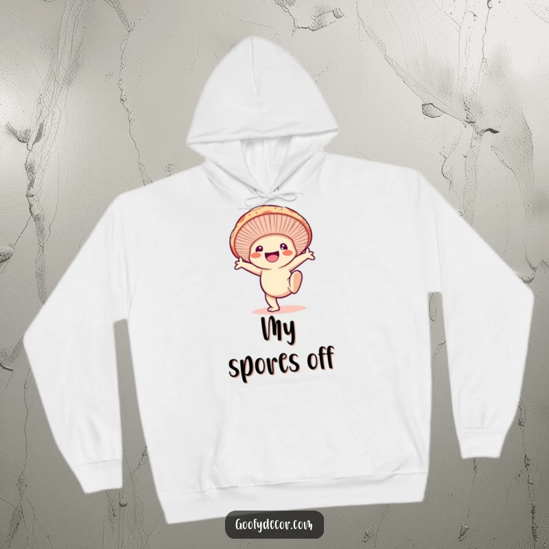 Funny hoodie featuring a smiling mushroom character doing a cartwheel, a symbol of energetic fun and playful spirit.