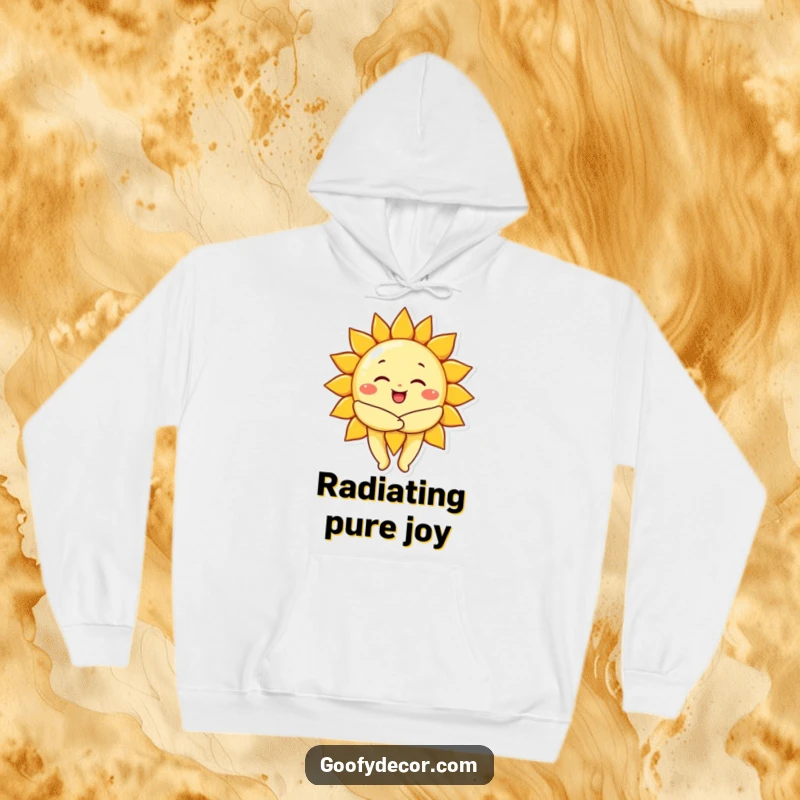 Funny cheerful sun character giving a big, warm hug, printed on a cozy hoodie for ultimate warmth and cheer.
