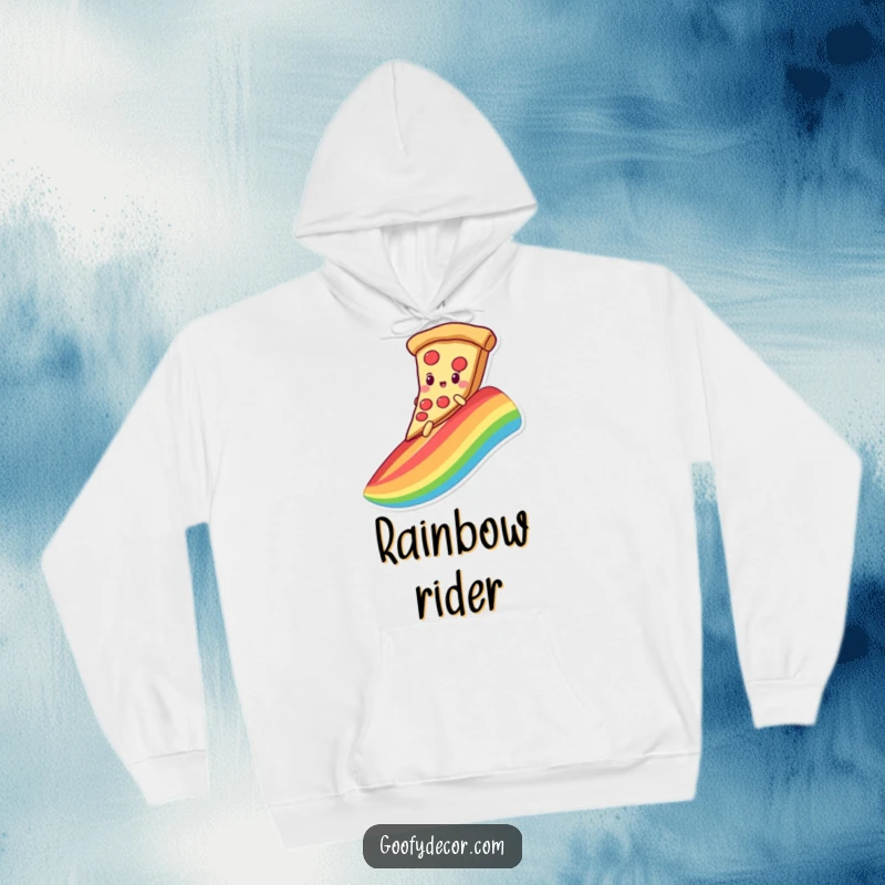 Funny, warm hoodie featuring a kawaii pizza character sliding down a rainbow on its slice, perfect for cozy adventures.
