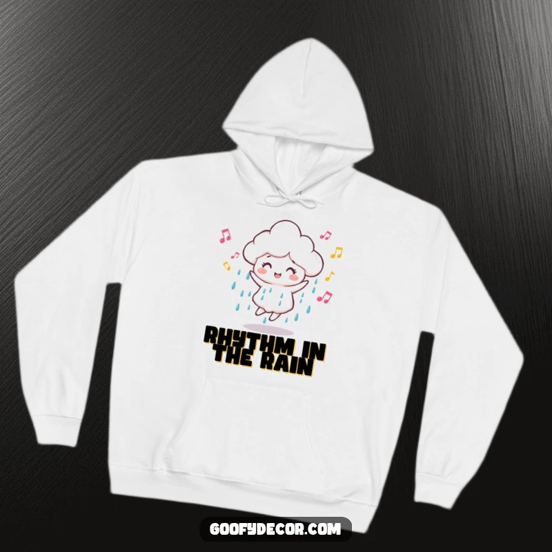 Funny dancing rain cloud hoodie showing a happy cloud character surrounded by musical notes, perfect for staying warm and inspired.