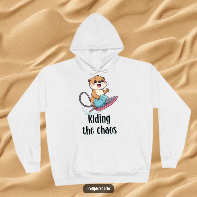 Funny Hoodie depicting a smiling otter character riding a vacuum cleaner like a surfboard, offering warmth and quirky cleaning fun.