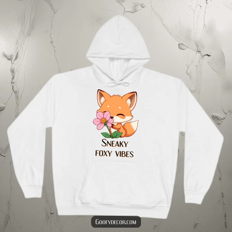 Funny winking fox peeking from behind a flower, on a soft hoodie, offering warmth and a playful, funny vibe.